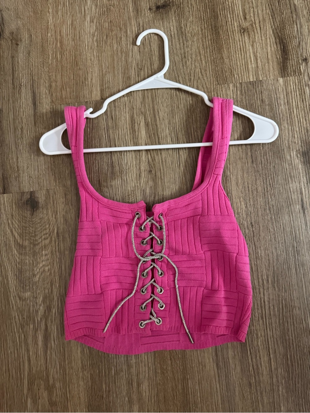 Women's Hot Pink Lace-Up Ribbed Crop Tank